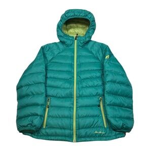 Eddie Bauer Goose Down Puffer Jacket Women Medium Teal Green Hooded First Ascent